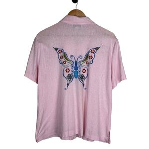 AKC Womens Pink Linen Blend Butterfly Embroidered‎ Shirt Size XL Artsy